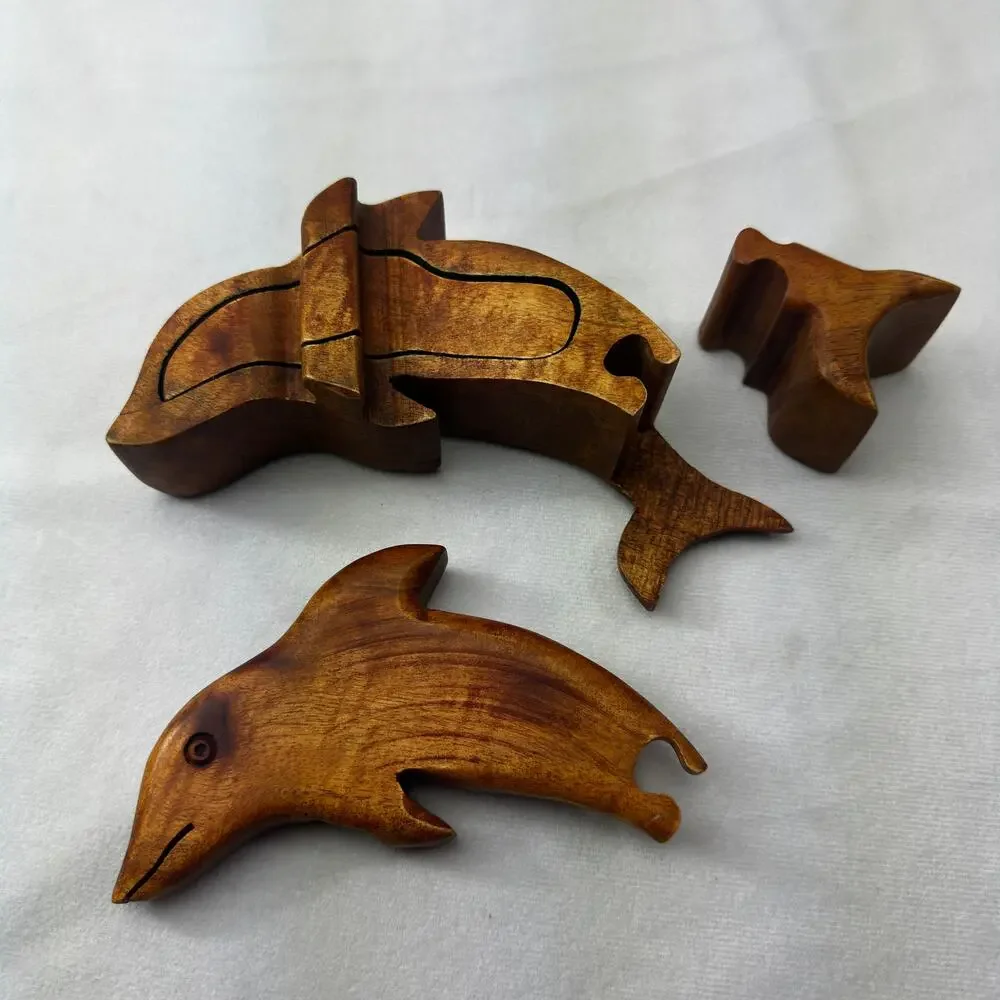Wooden Dolphin Puzzle Treasure Box Moveable Puzzle 3D Coastal Jewelry Box